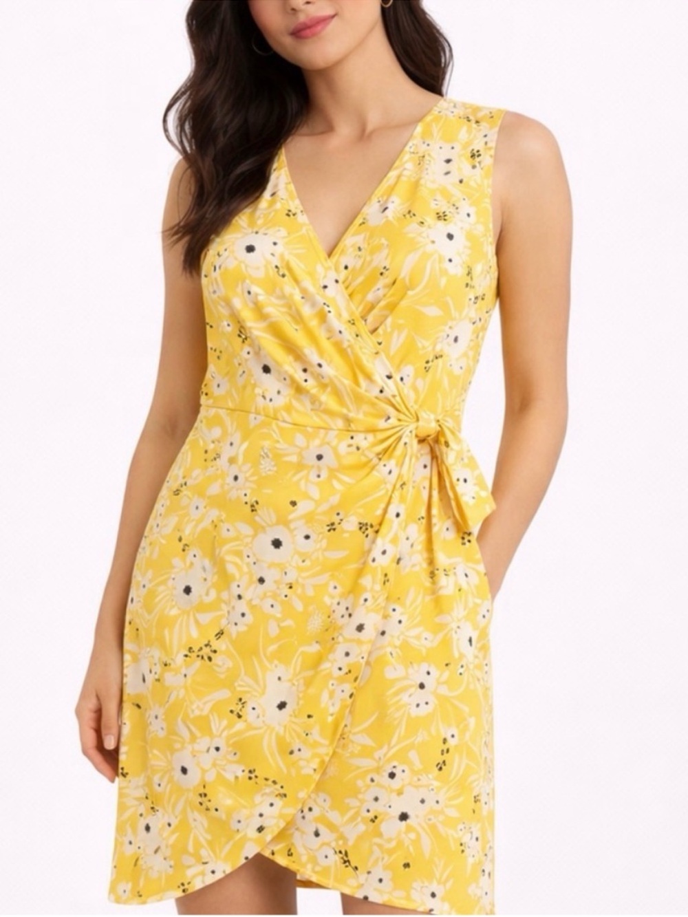 Banana Republic Dress Yellow Floral Faux Wrap Tie Knot Sleeveless Size SP